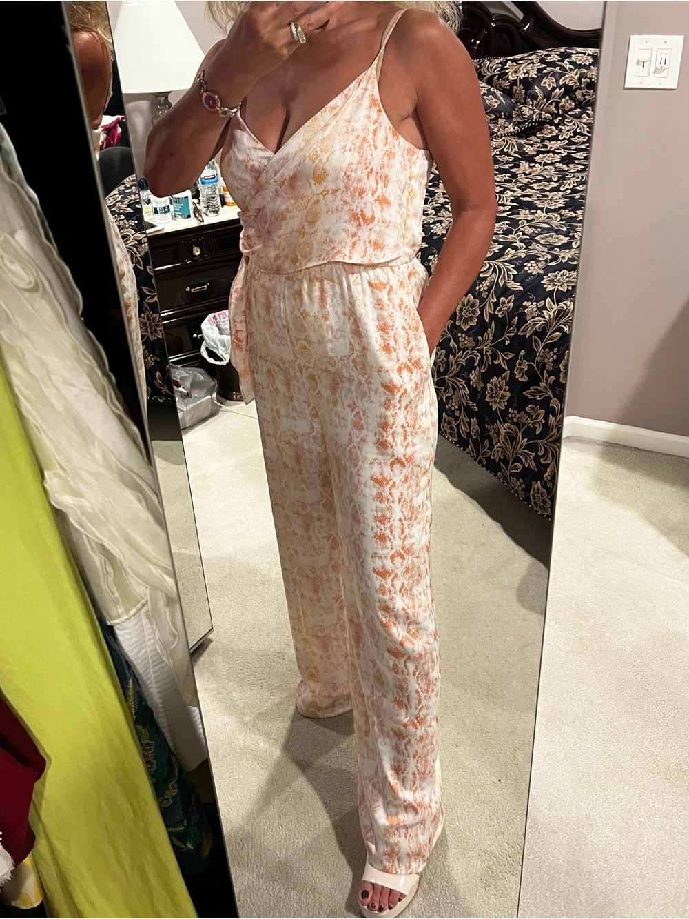 Sleeveless Wide-Leg Jumpsuit in Ivory with Rust & Mustard Print